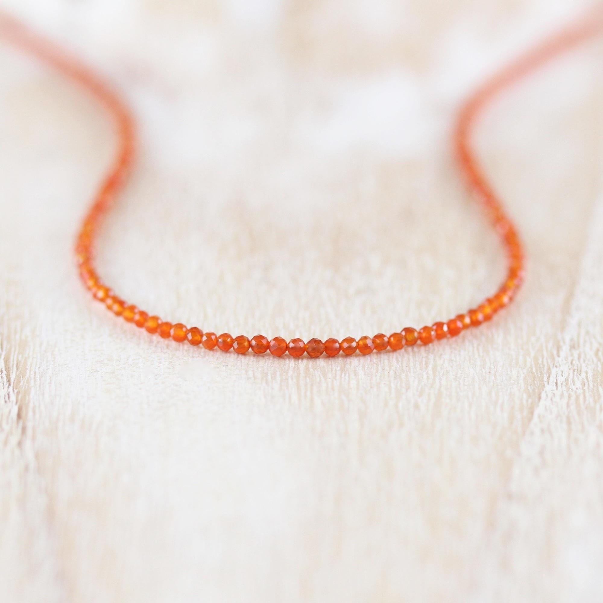 Carnelian Necklace In Sterling Silver, Gold Or Rose Gold Fill, Dainty Orange Gemstone Choker, Long Layering Necklace, Tiny 2mm Faceted Beads