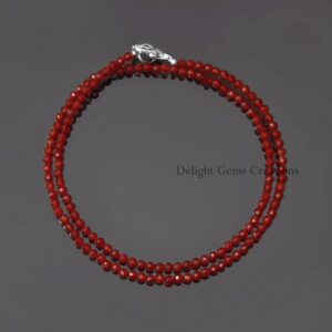 Natural Red Carnelian Beaded Necklace- 3.5mm Faceted Round Beads Necklace- 925 Sterling Silver-Handmade Necklace- Women's Necklace, Gift