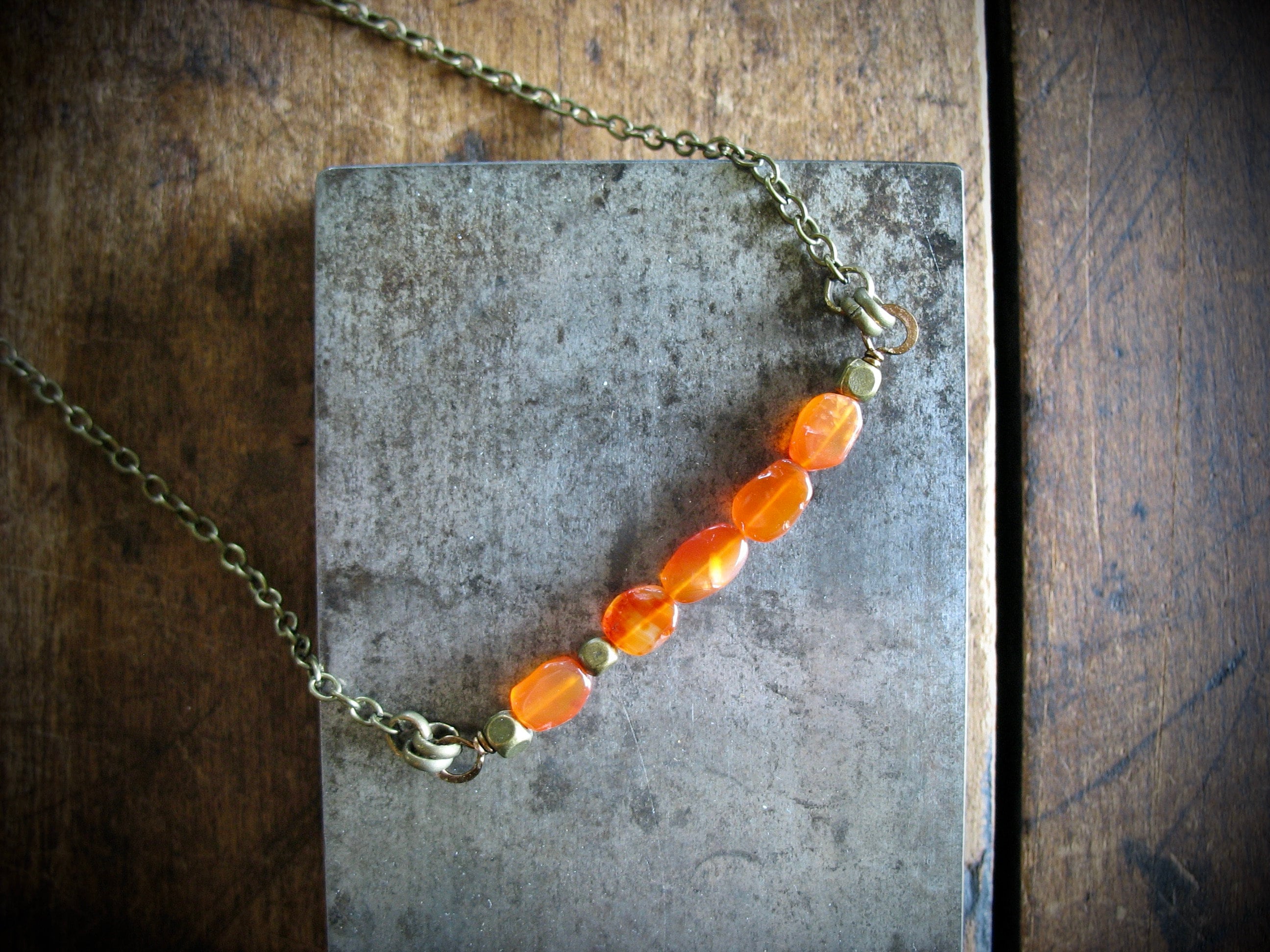 Orange Carnelian Gemstone Birthstone Necklace Beaded Chain Necklace Handmade In Usa