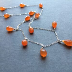 Orange Carnelian Sterling Silver Necklace: Dainty Gemstone Teardrop Chain Orange Carnelian Sterling Silver Necklace: Dainty Gemstone Teardrop Chain