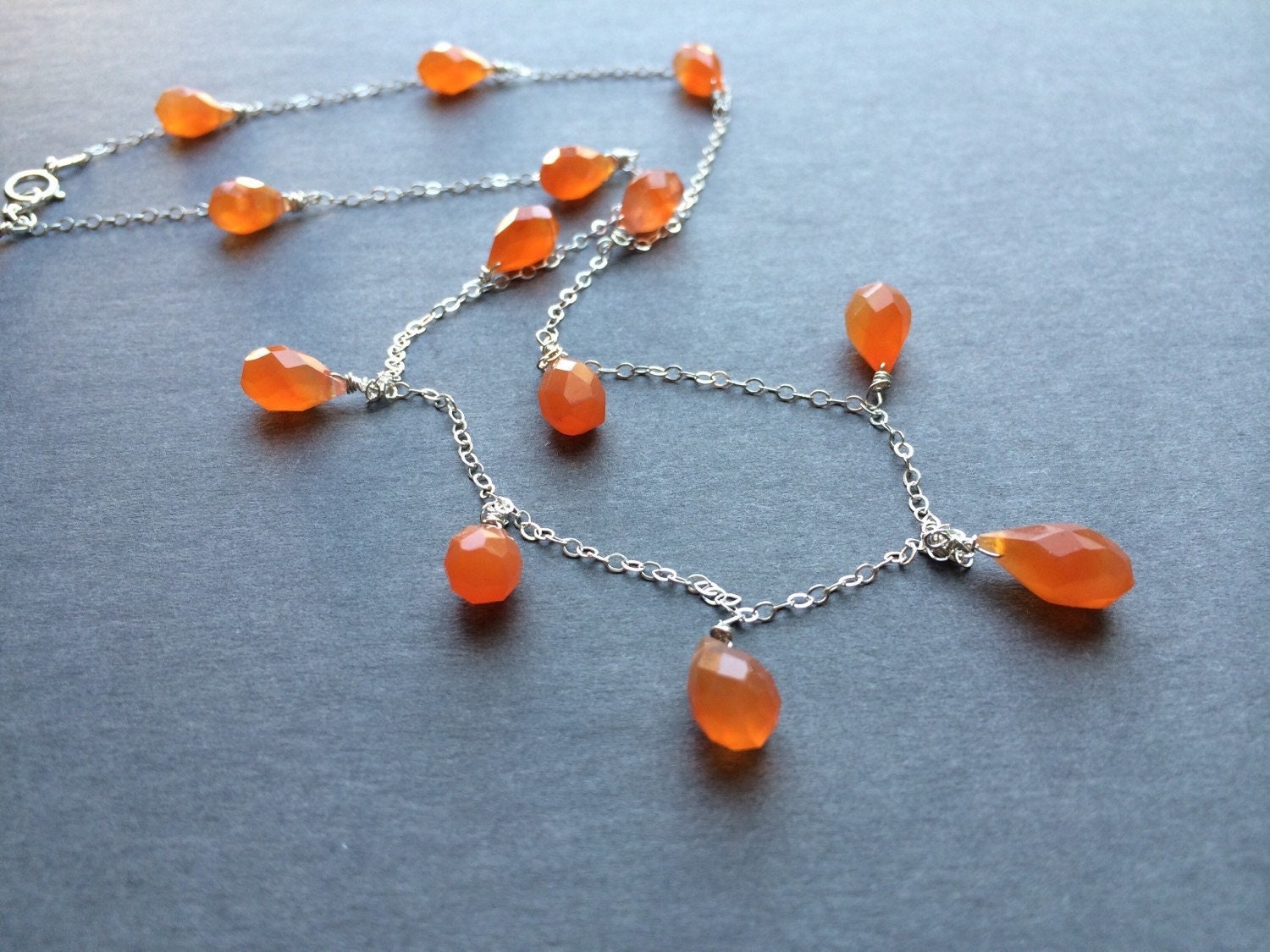 Orange Carnelian Sterling Silver Necklace: Dainty Gemstone Teardrop Chain