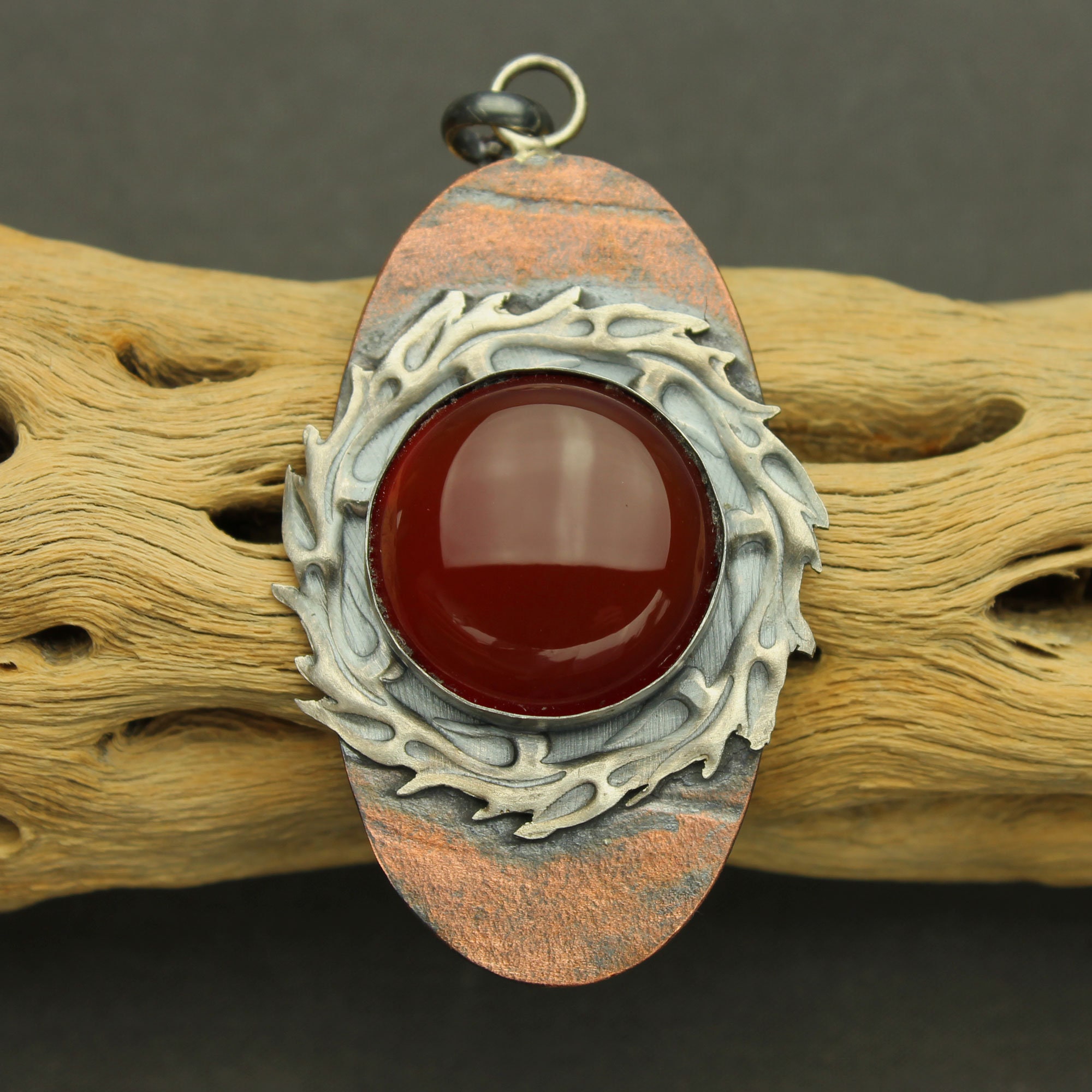 Carnelian Silver Necklace, Red Orange Cabochon Bezel Set Sterling Silver, Silver Fire, Copper, Bead Chain