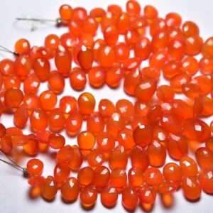 Carnelian Chalcedony Briolette Beads - 7 Inches - Natural Faceted Fire Flame Vivid Chalcedony Pear Briolettes - Size Is 6x7-7x10 Mm #1445