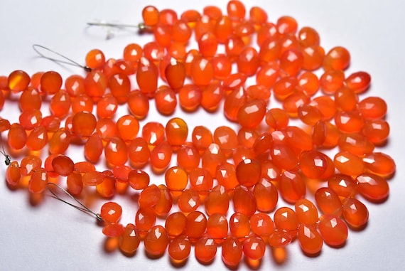 Carnelian Chalcedony Briolette Beads - 7 Inches - Natural Faceted Fire Flame Vivid Chalcedony Pear Briolettes - Size Is 6x7-7x10 Mm #1445