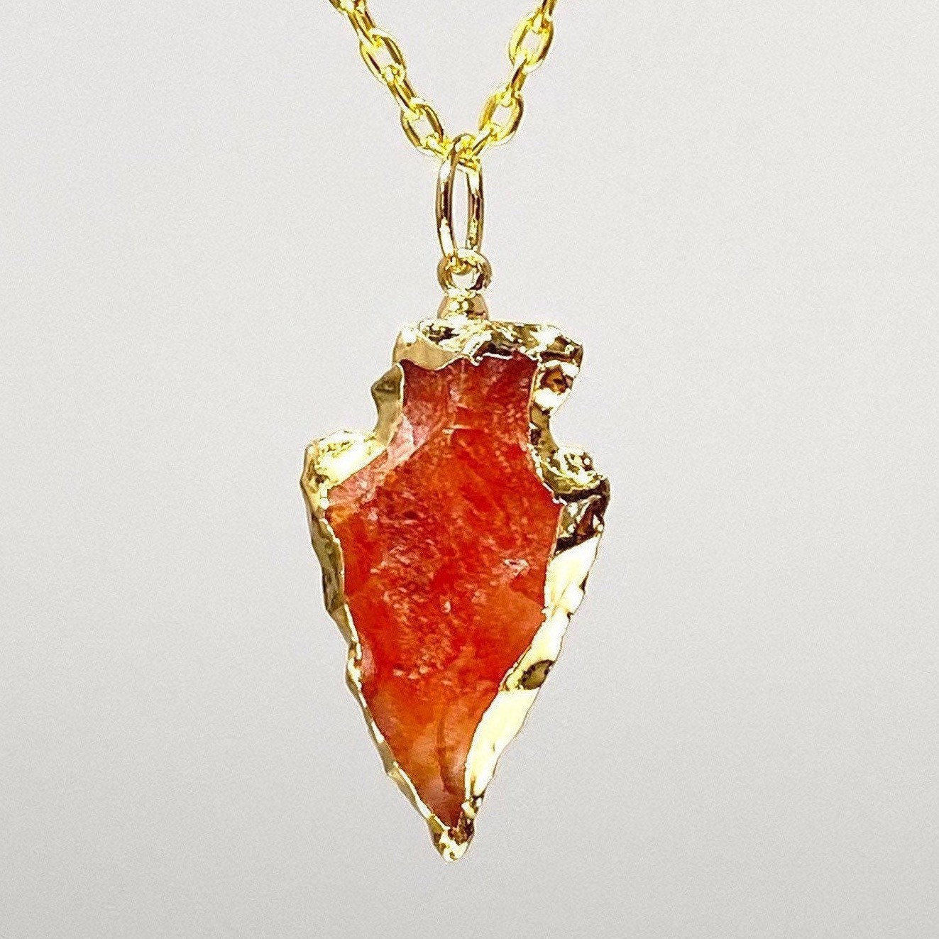 Carnelian Arrowhead Crystal Pendant With Chain, Gp Carnelian Arrowhead Crystal Pendant With Chain, Gp