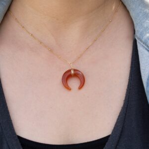Carnelian Crescent Moon Necklace, Double Horn Necklace, Layered Crescent Moon Necklace, Red Crescent Moon Pendant Necklace, Tusk Necklace