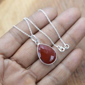 Faceted Red Carnelian Pear Pendant: 925 Sterling Silver Gemstone Jewelry