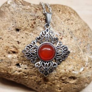 Filigree Square Red Carnelian Pendant. Reiki Jewelry. July Birthstone. 17th Anniversary Gemstone. Silver Plated Necklaces For Women