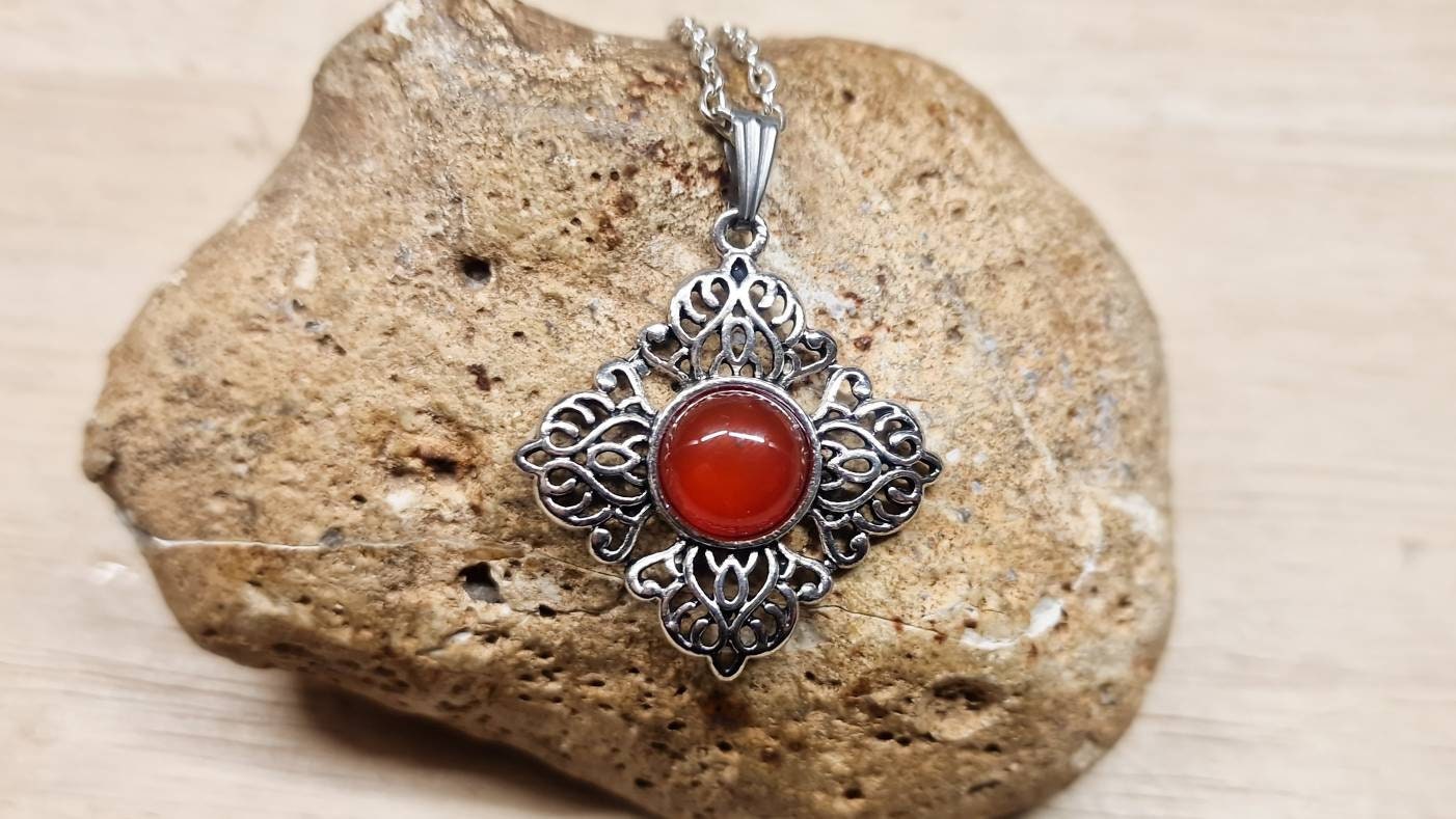 Filigree Square Red Carnelian Pendant. Reiki Jewelry. July Birthstone. 17th Anniversary Gemstone. Silver Plated Necklaces For Women