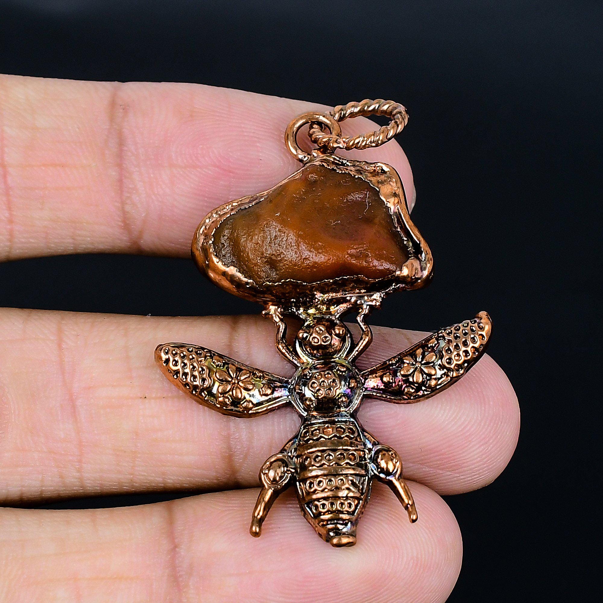 Handmade Carnelian & Copper Honey Bee Pendant, Electroformed Jewelry