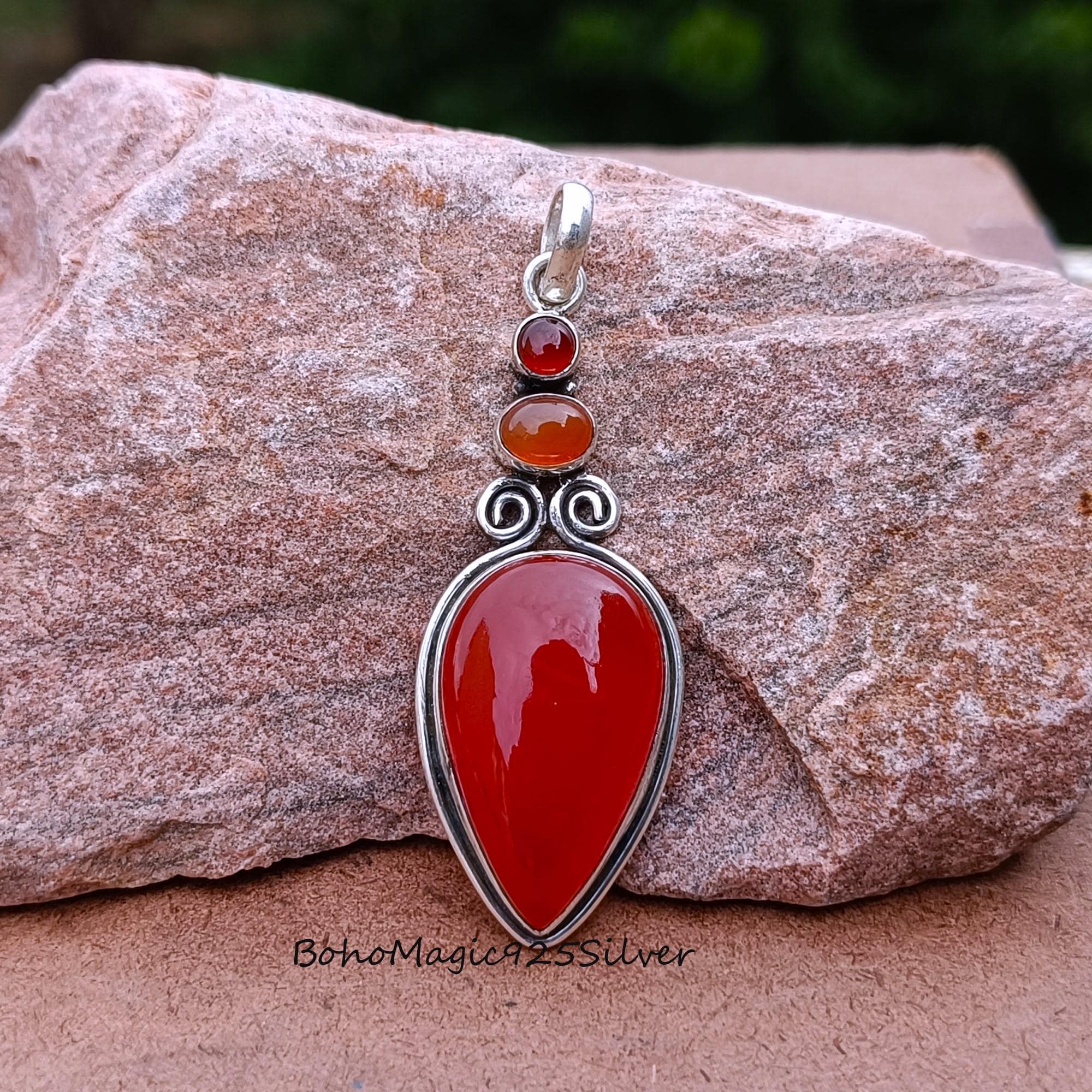 Handmade Sterling Silver Orange Carnelian Pendant: Boho 3-stone Necklace