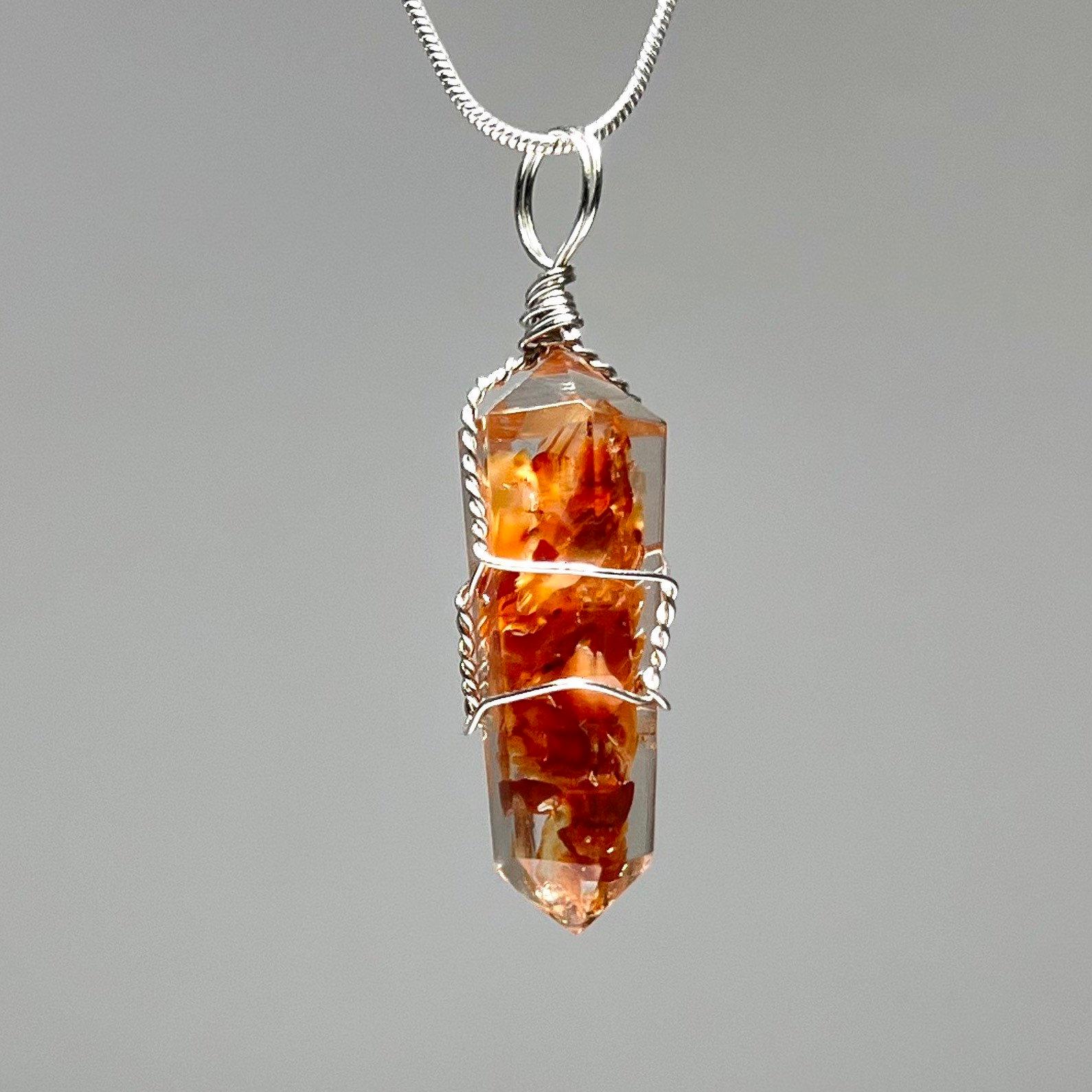 Carnelian In Orgonite Wire Wrapped Pendant Necklace