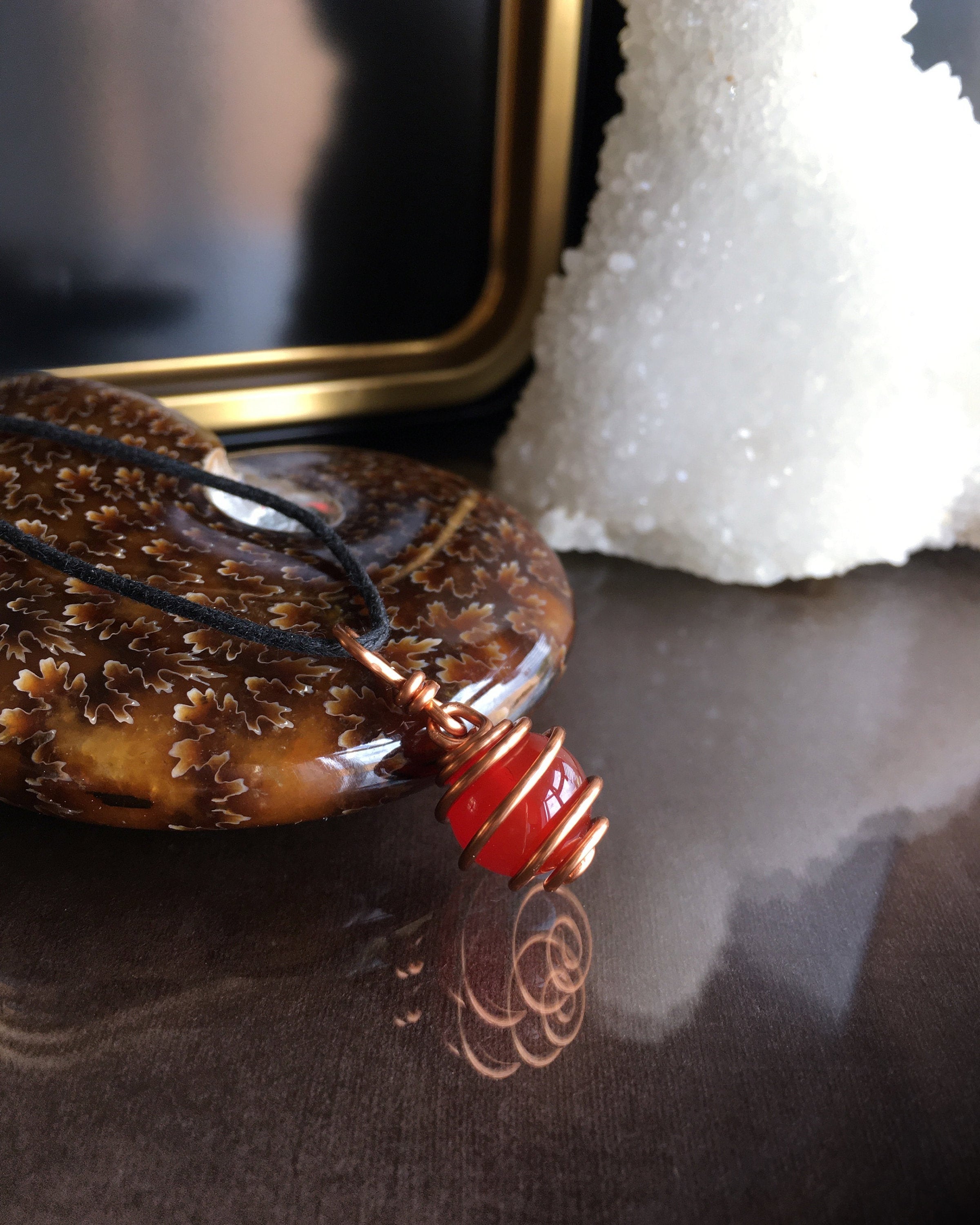 Minimalist Carnelian Necklace, Copper Wire Wrapped Pendant