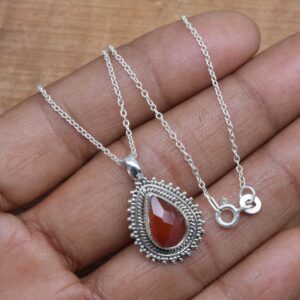 Red Carnelian 925 Sterling Silver Pear Pendant: Handmade Gemstone Jewelry