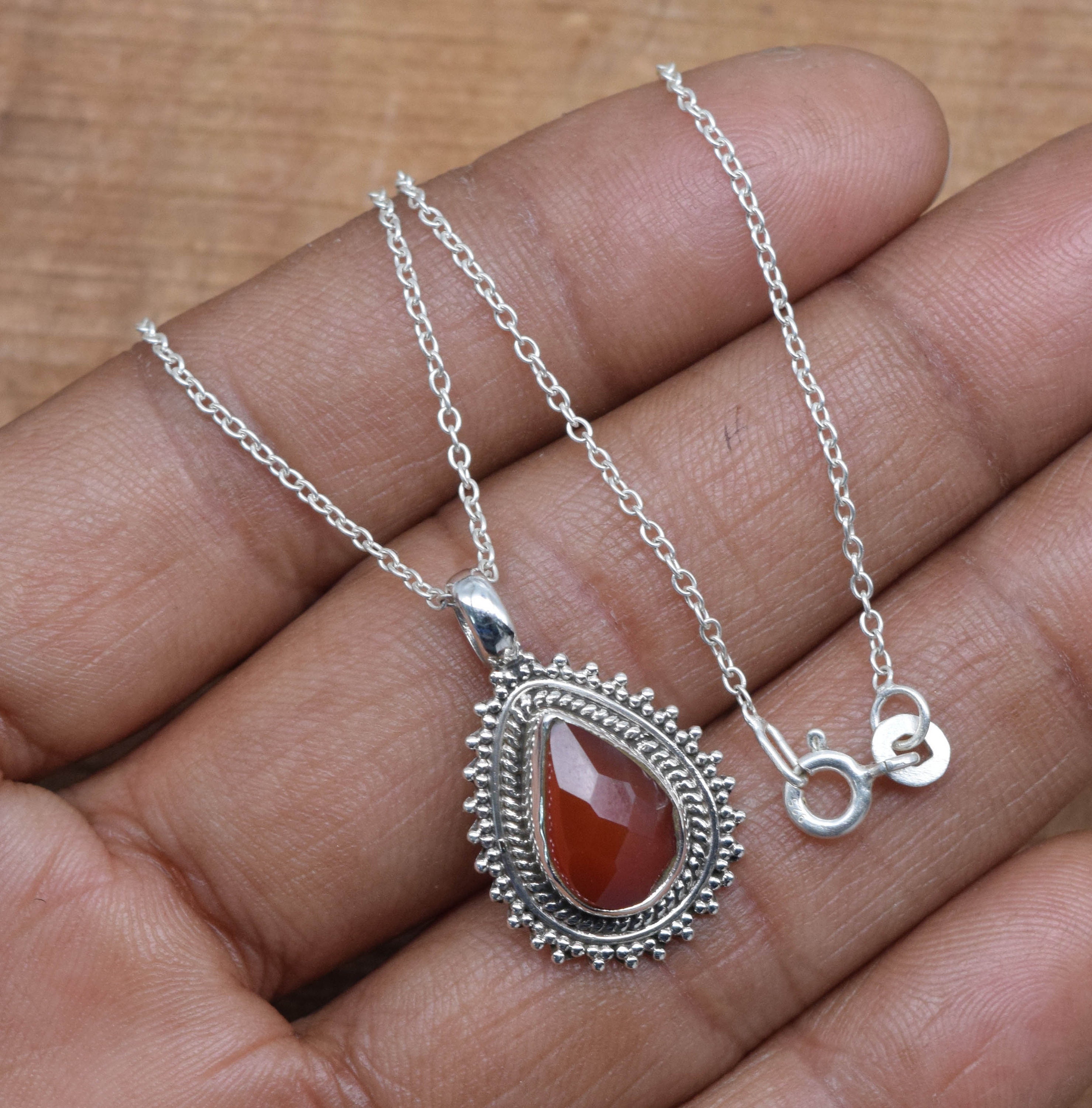 Red Carnelian 925 Sterling Silver Pear Pendant: Handmade Gemstone Jewelry