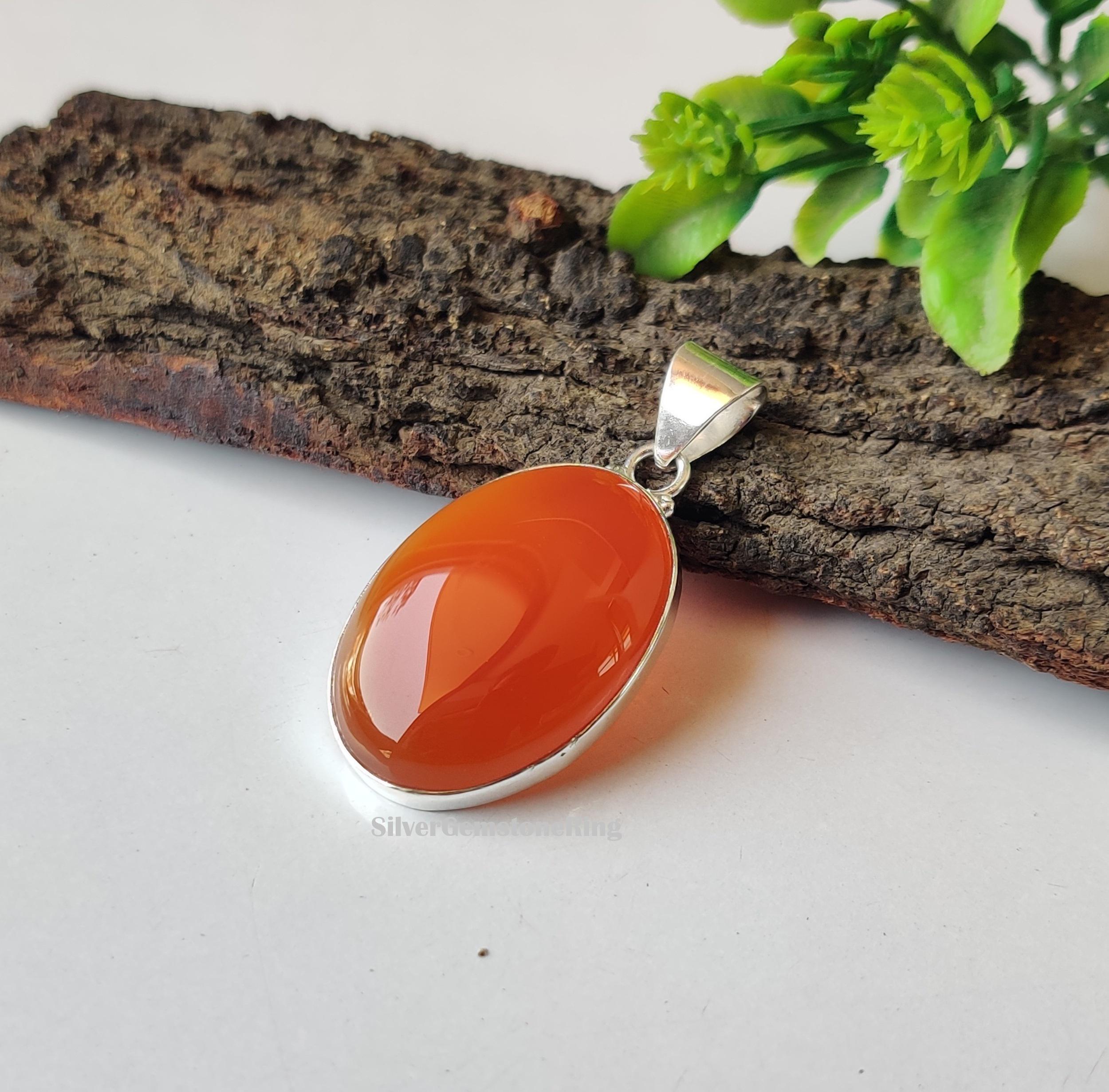 Red Carnelian Pendent, Natural  Gemstone Pendant: Oval Gemstone 925 Sterling Silver Jewelry