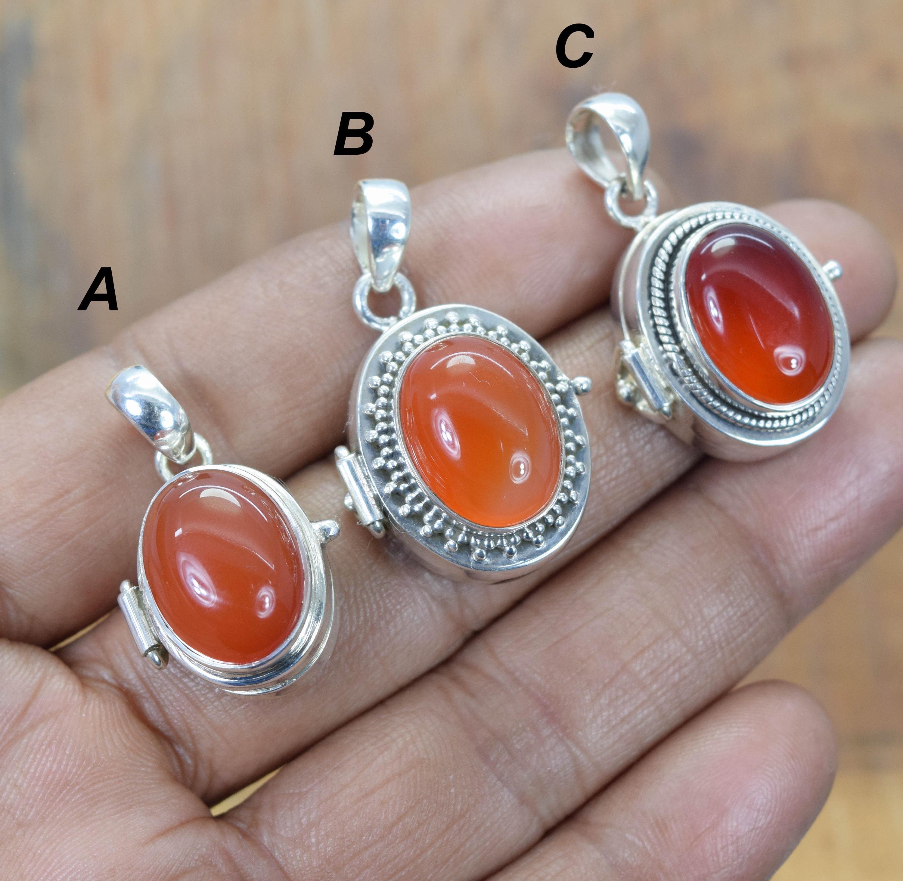 Red Carnelian Sterling Silver Poison Pendant, Pill Box