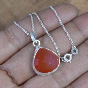 Red Carnelian Sterling Silver Pendant: Faceted Pear Gemstone, August Birthstone