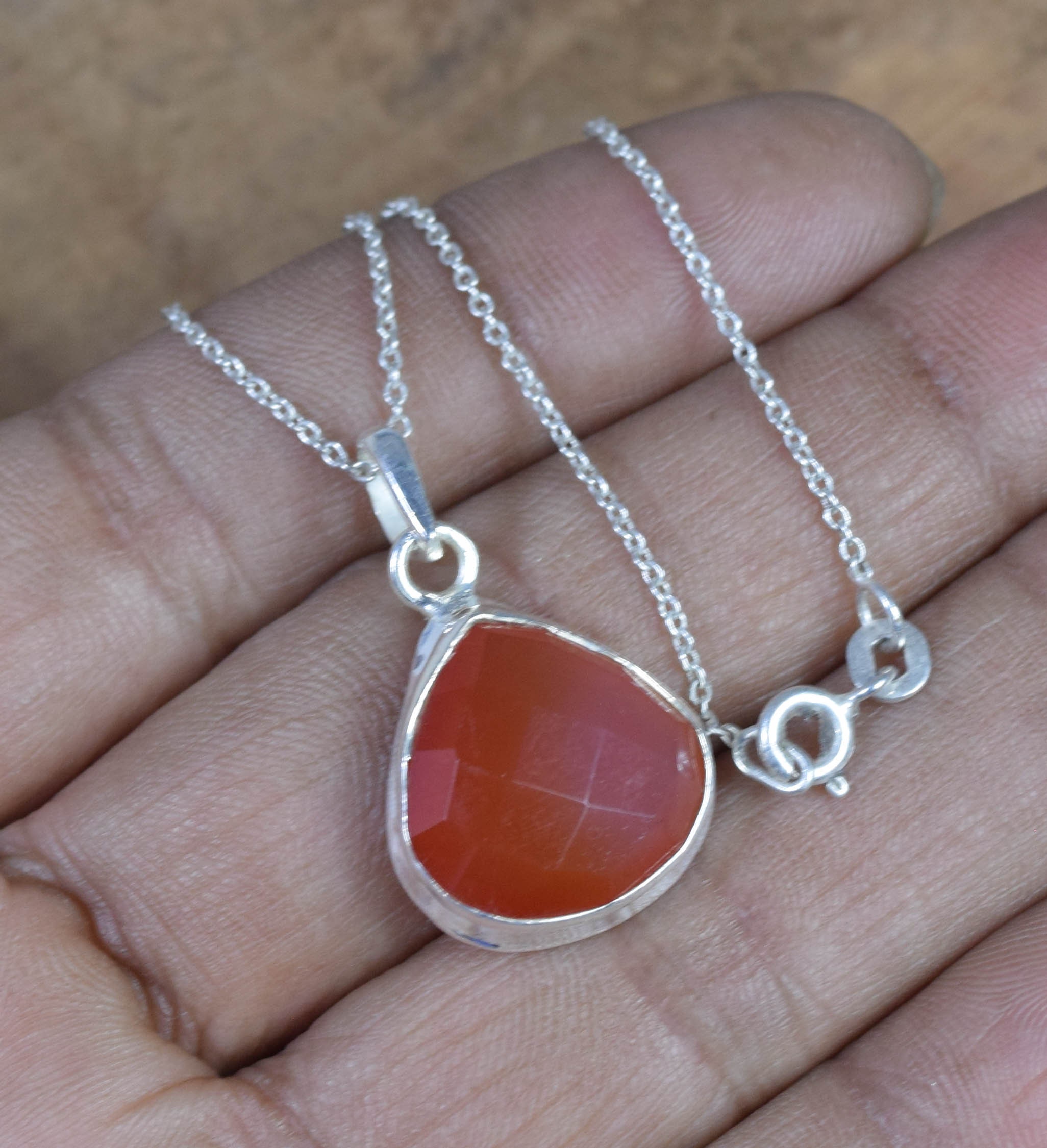 Red Carnelian Sterling Silver Pendant: Faceted Pear Gemstone, August Birthstone