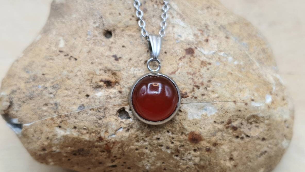 Small Hypoallergenic Red Carnelian Pendant. Reiki Jewelry. July Birthstone. 17th Anniversary Gemstone. Stainless Steel Necklace. 12mm Stone