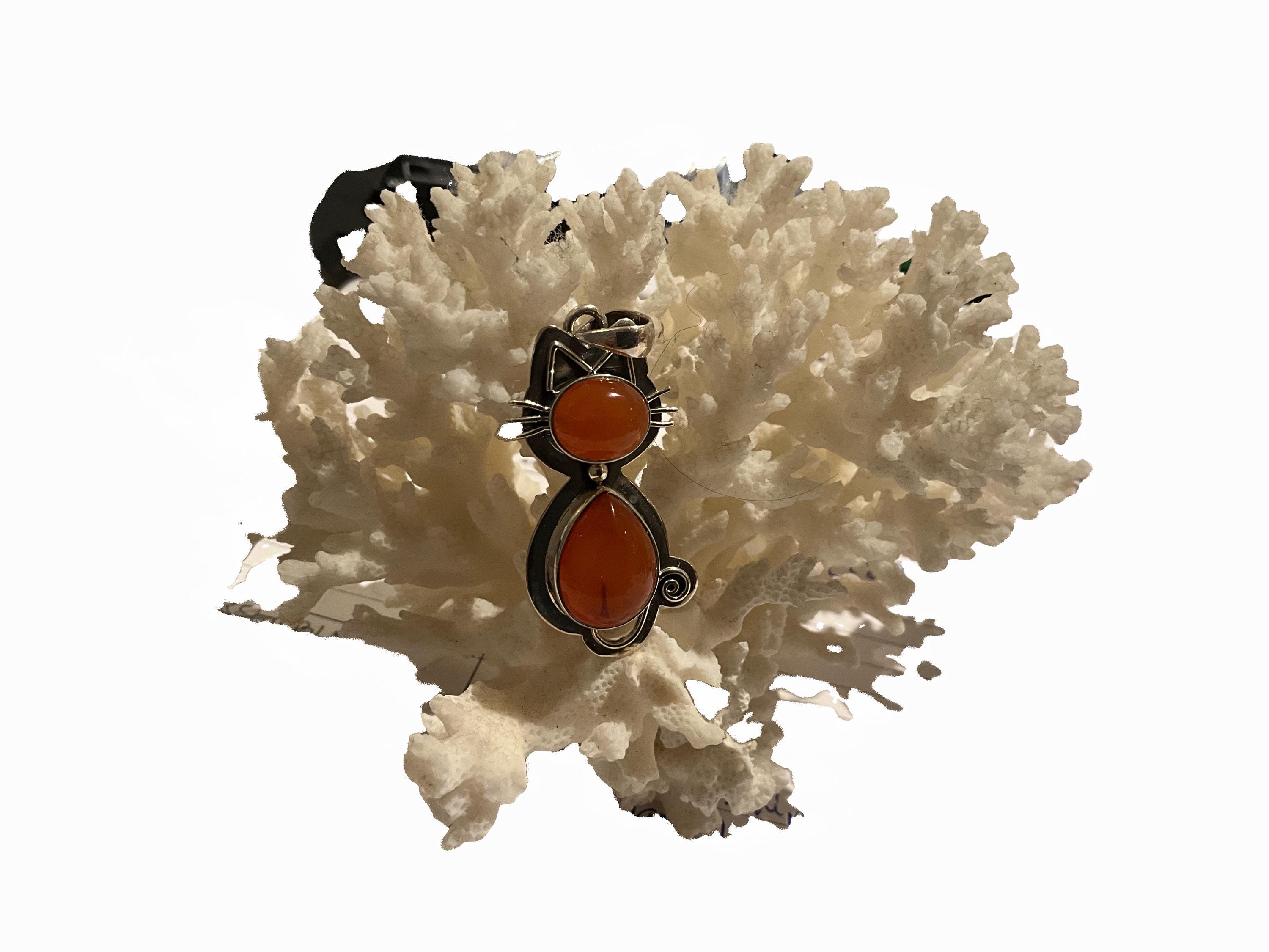 Sterling Silver Cat Pendant - Carnelian Cabochon Kitty Jewelry