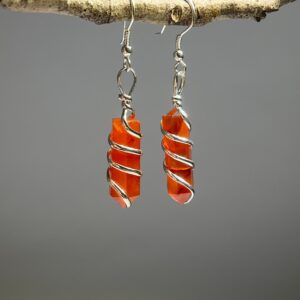 Carnelian Dangle Earrings: Silver-plated Wire Wrapped Crystal Point Carnelian Dangle Earrings: Silver-plated Wire Wrapped Crystal Point