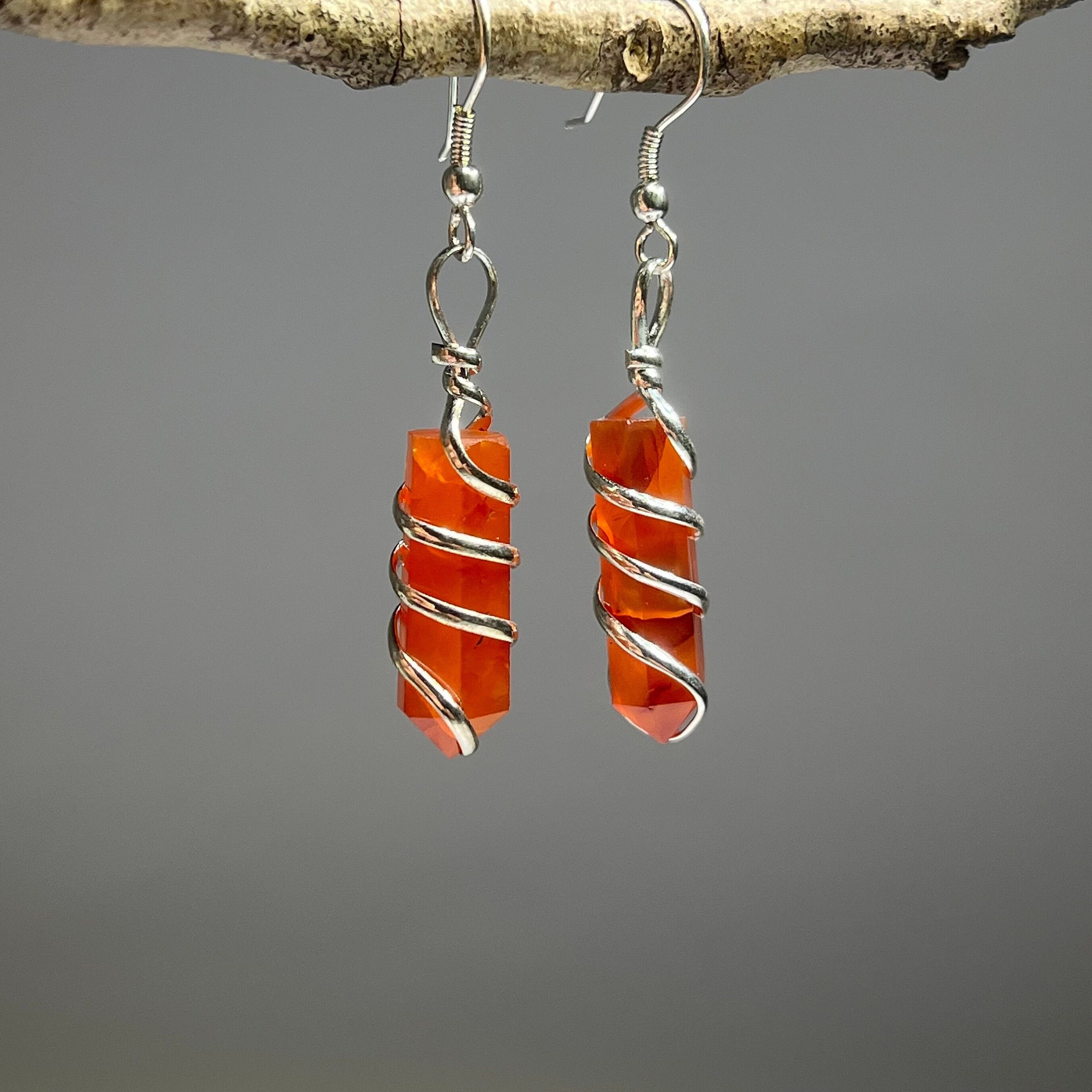 Carnelian Dangle Earrings: Silver-plated Wire Wrapped Crystal Point Carnelian Dangle Earrings: Silver-plated Wire Wrapped Crystal Point