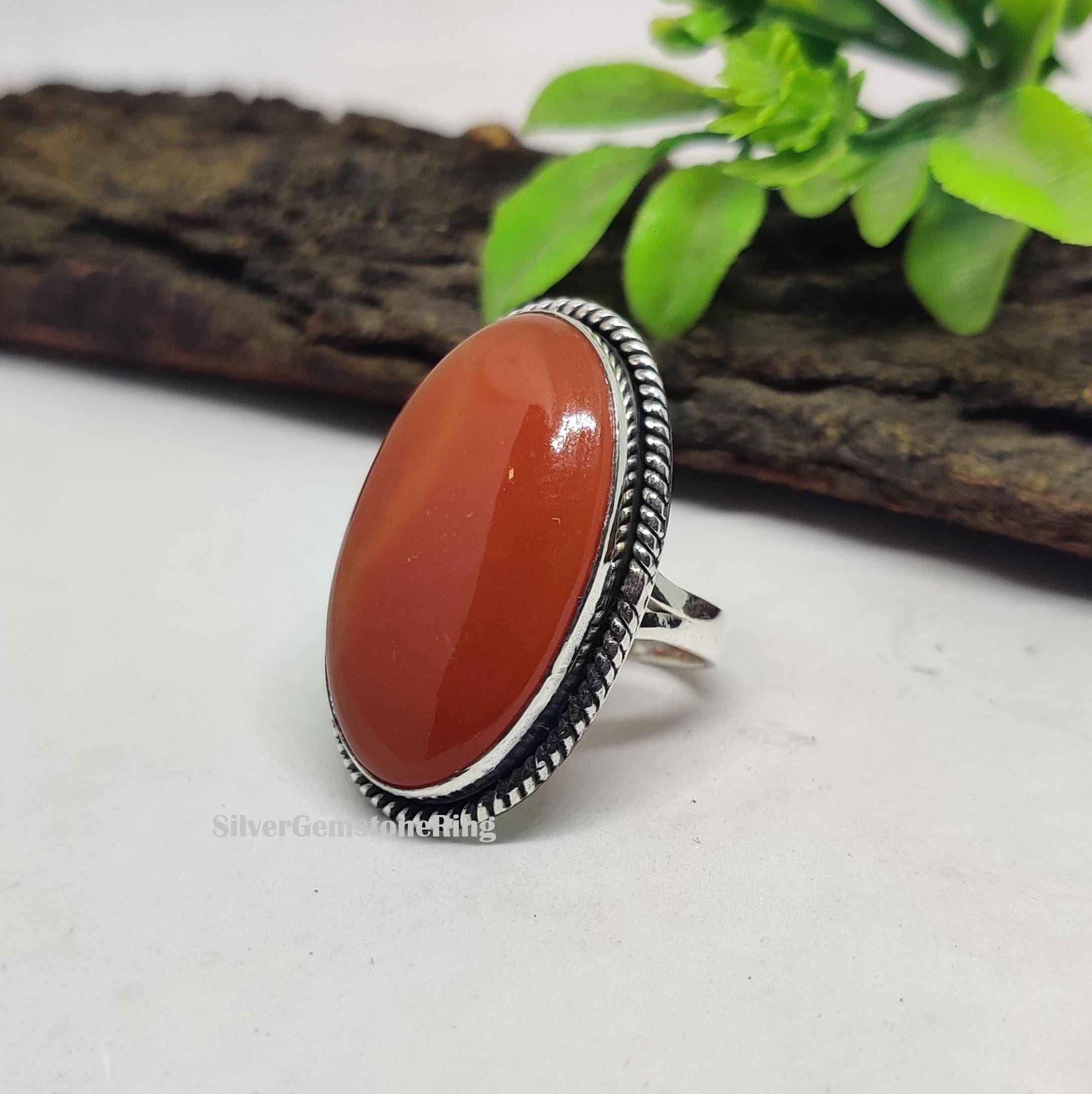 925 Sterling Silver Carnelian Ring: Long Oval Gemstone, Birthstone Jewelry