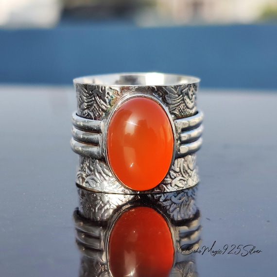 Handmade Carnelian Ring: Wide Band 925 Sterling Silver Gemstone Jewelry