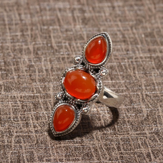 Natural Carnelian Sterling Silver Ring: Orange Gemstone Statement Jewelry