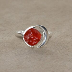 Raw Carnelian Gemstone Ring: 925 Sterling Silver Half Moon, Adjustable Raw Carnelian Gemstone Ring: 925 Sterling Silver Half Moon, Adjustable