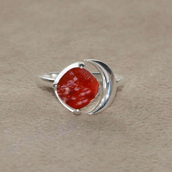 Raw Carnelian Gemstone Ring: 925 Sterling Silver Half Moon, Adjustable