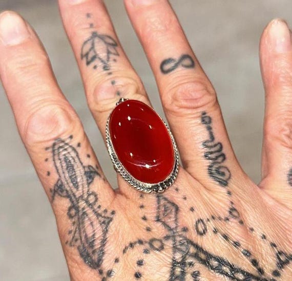 Red Carnelian Sterling Silver Ring: Boho Tribal Statement Jewelry