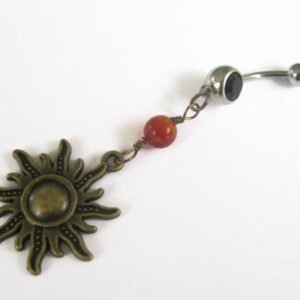 Carnelian Sun Belly Ring, Bronze Belly Button Ring, Fiery Carnelian, Birthstone Navel Piercing, Nature Body Jewelry, Sunshine, Sunny