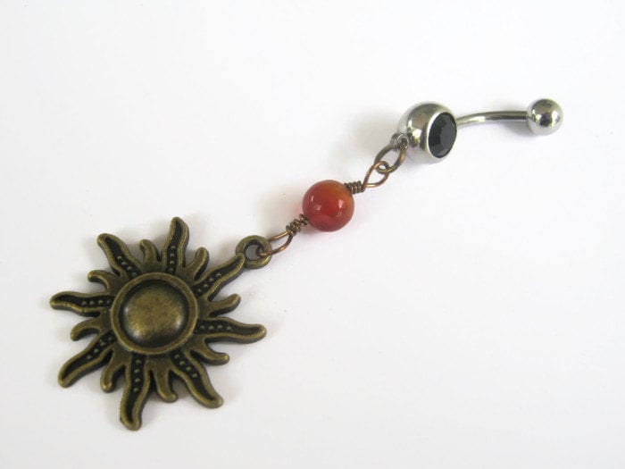 Carnelian Sun Belly Ring, Bronze Belly Button Ring, Fiery Carnelian, Birthstone Navel Piercing, Nature Body Jewelry, Sunshine, Sunny Carnelian Sun Belly Ring, Bronze Belly Button Ring, Fiery Carnelian, Birthstone Navel Piercing, Nature Body Jewelry, Sunshine, Sunny