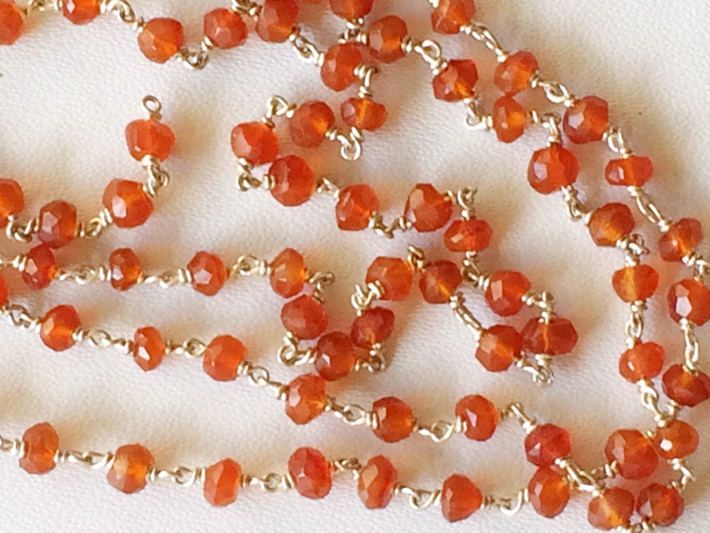 3mm Carnelian Faceted Rondelle Beads, Carnelian In 925 Silver Wire Wrapped Rosary Style Chain, Carnelian Beaded Chain ( 1ft To 5ft Options)