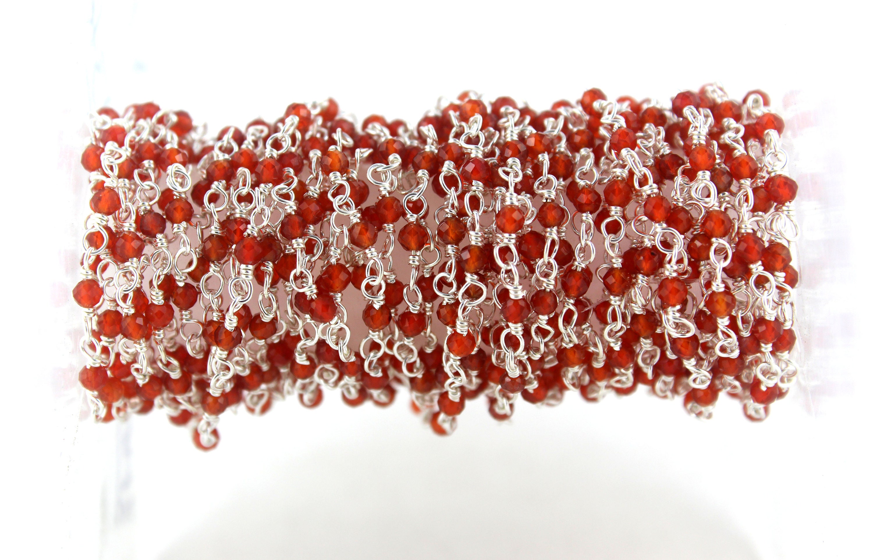 Sterling Silver Carnelian Rosary Chain: Faceted Rondelle Beaded Chain, Sold Per Foot Sterling Silver Carnelian Rosary Chain: Faceted Rondelle Beaded Chain, Sold Per Foot