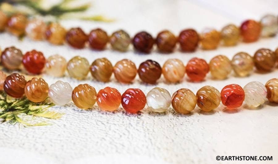 Natural Carnelian 10mm S-corrugated Round Beads 15.5" Strand Enhanced