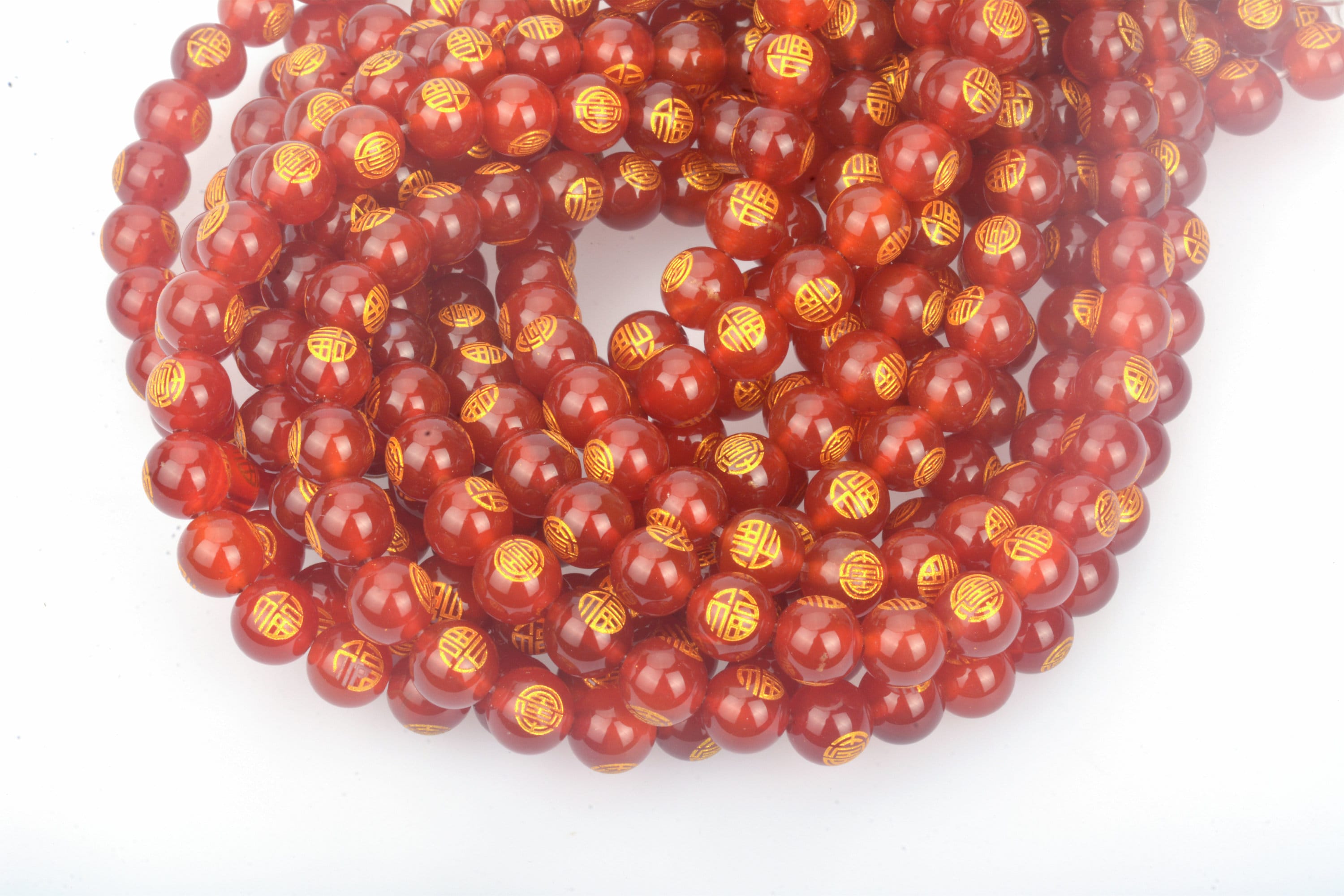 Red Carnelian Gold Tone Glide Beads - Chinese Character "福“ Beads - Blessing Beads - Good Luck Round Beads - Stone Happiness Beads
