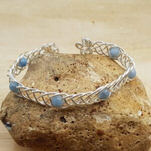 Celtic weave Celestite cuff bracelet. Reiki jewelry uk. Silver filled Wire wrapped celtic knot Adjustable bracelet