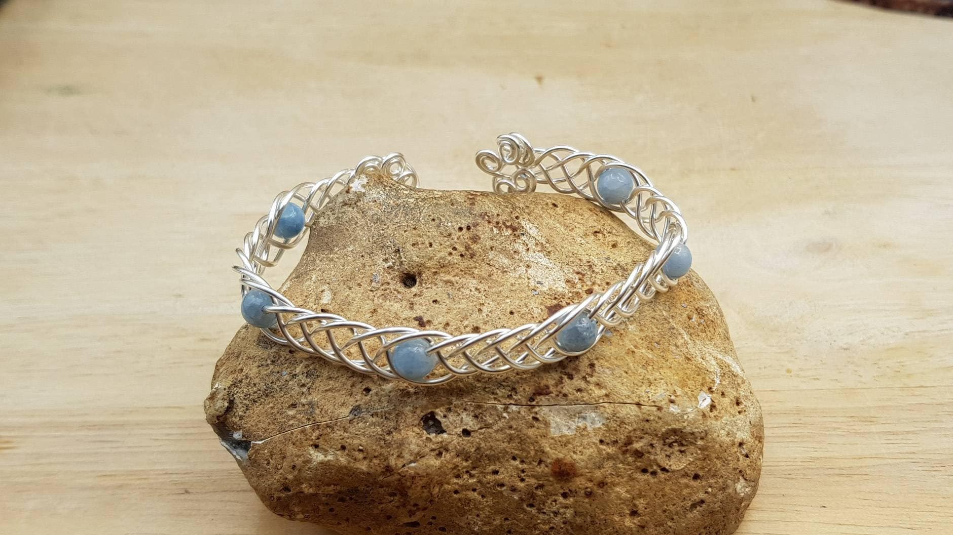 Celtic Weave Celestite Cuff Bracelet. Reiki Jewelry Uk. Silver Filled Wire Wrapped Celtic Knot Adjustable Bracelet