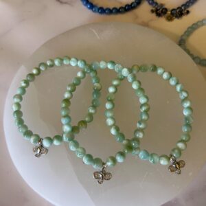 Ganesha Green Celestite Beaded  Stretch Charm Bracelet, Green Celestite with Ganesha Head Pave Charm Bracelet