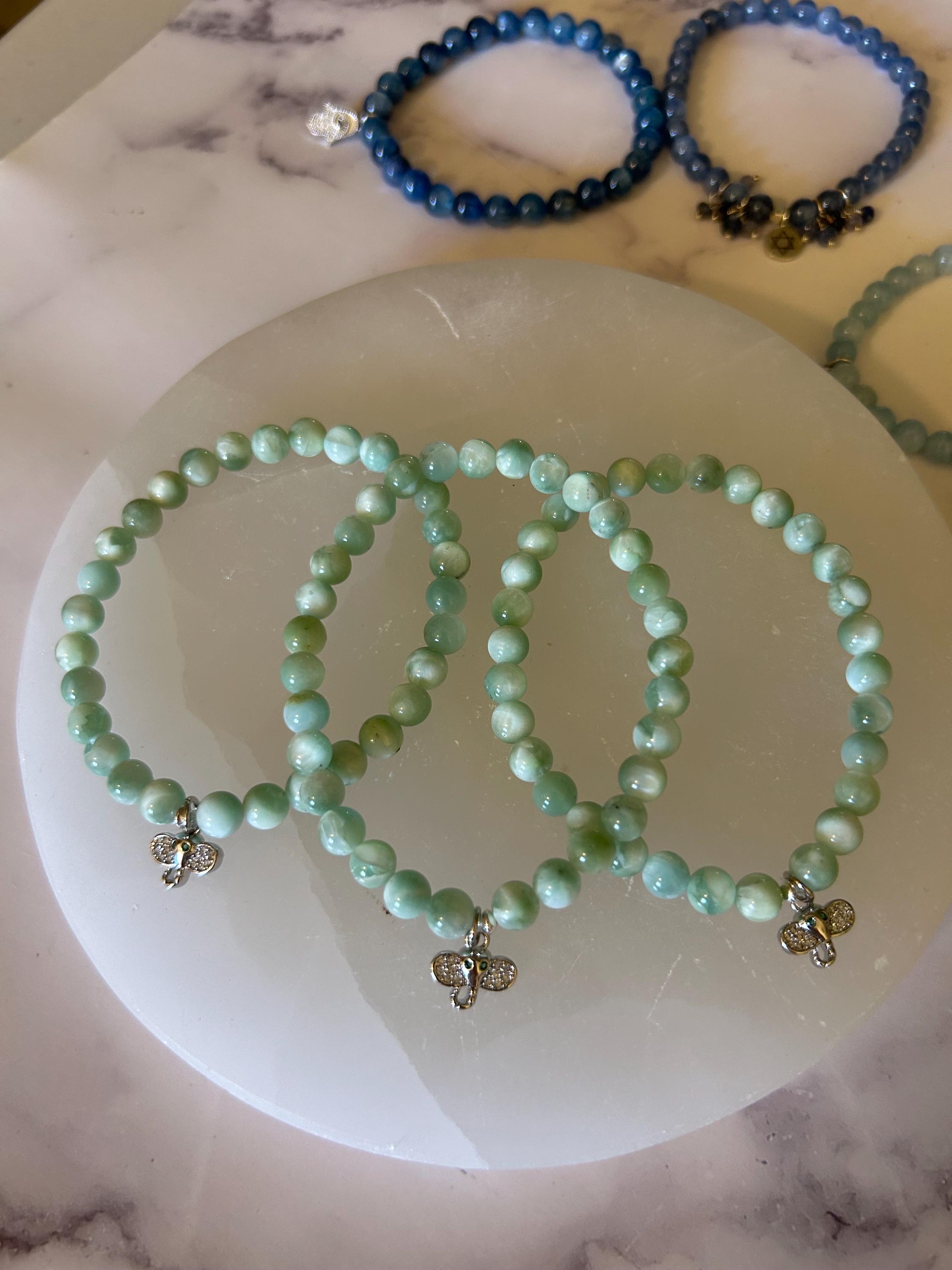 Ganesha Green Celestite Beaded  Stretch Charm Bracelet, Green Celestite With Ganesha Head Pave Charm Bracelet
