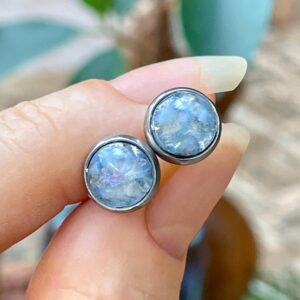 10mm Orgone Stud Earrings *AngelicAttunement* Glow Jewelry with Angel Aura Quartz, Celestite, Opalite, Selenite, Silver Leaf