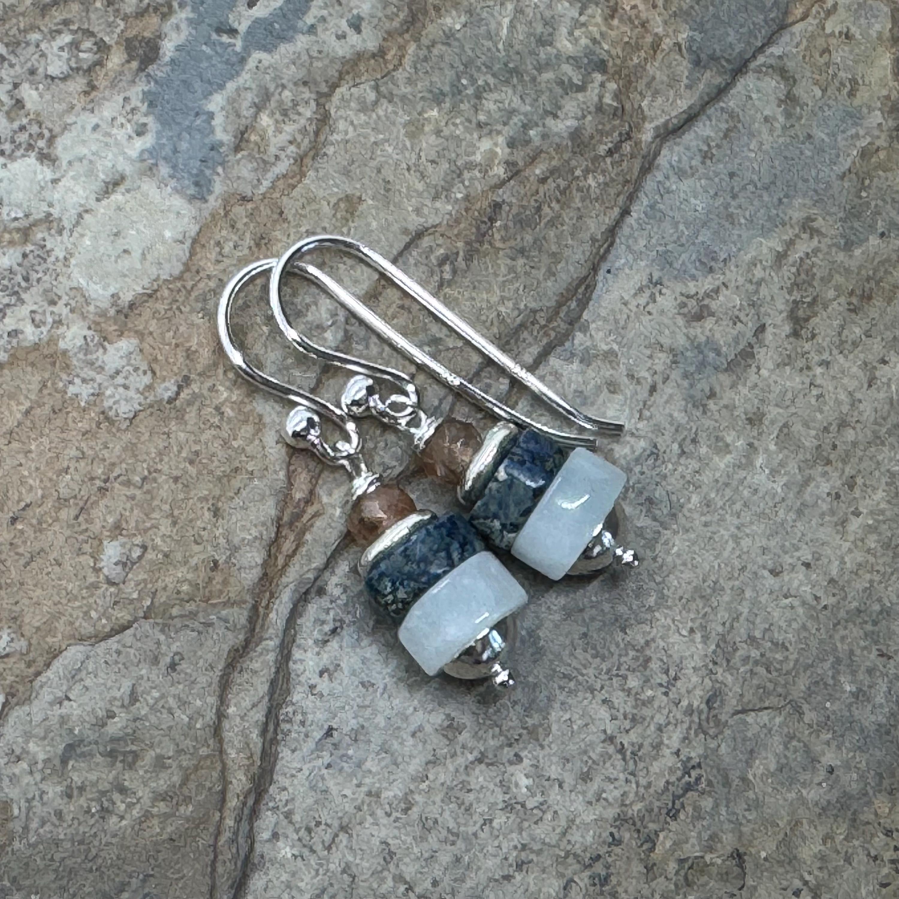 Blue Gemstone Earrings With Celestite, African Pyrite, Andalusite And Sterling Silver, 1.25 Inch