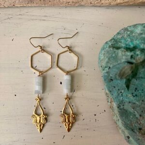 Handmade Celestite & Raw Brass Earrings – Art Nouveau Filigree