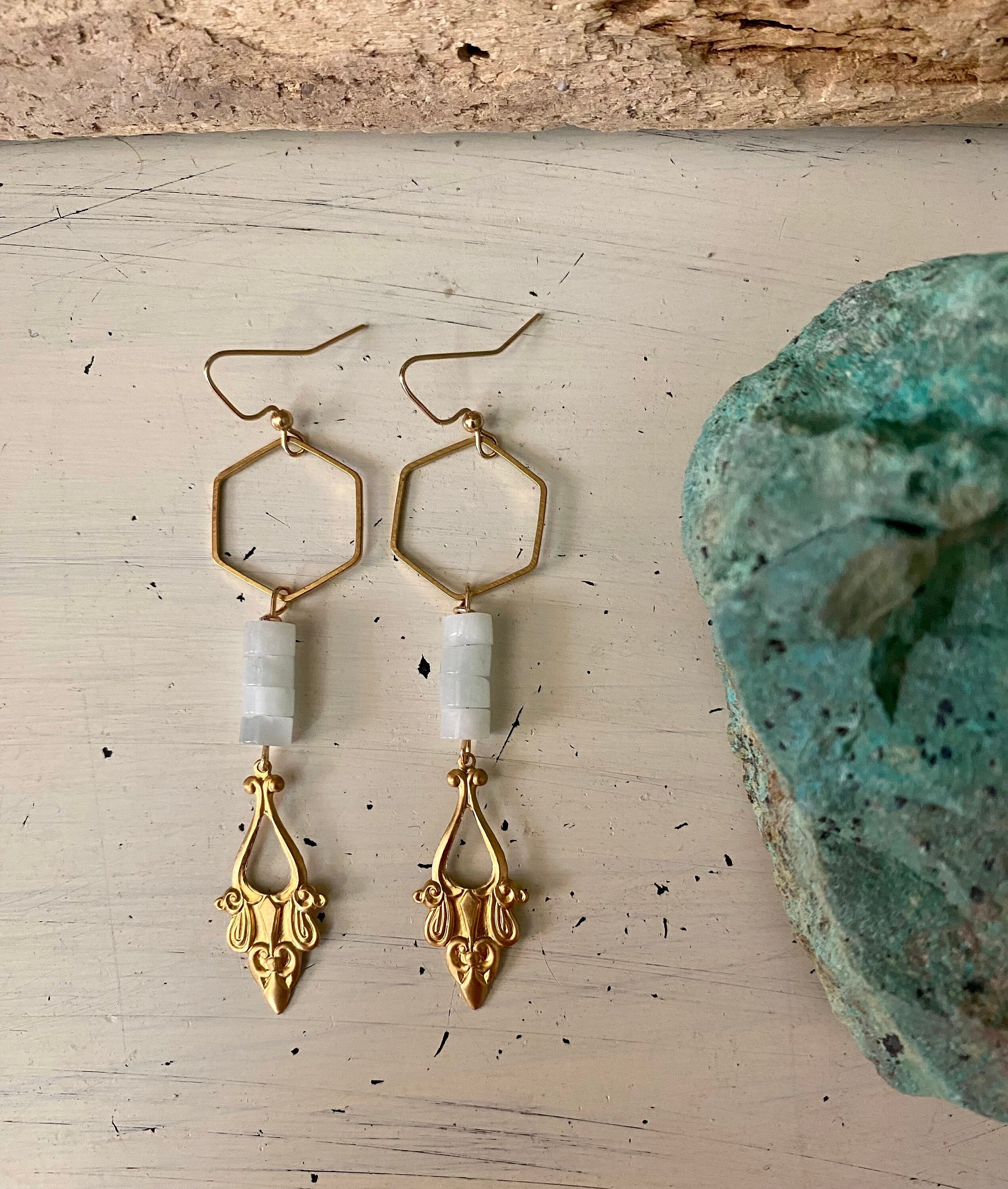 Handmade Celestite & Raw Brass Earrings – Art Nouveau Filigree