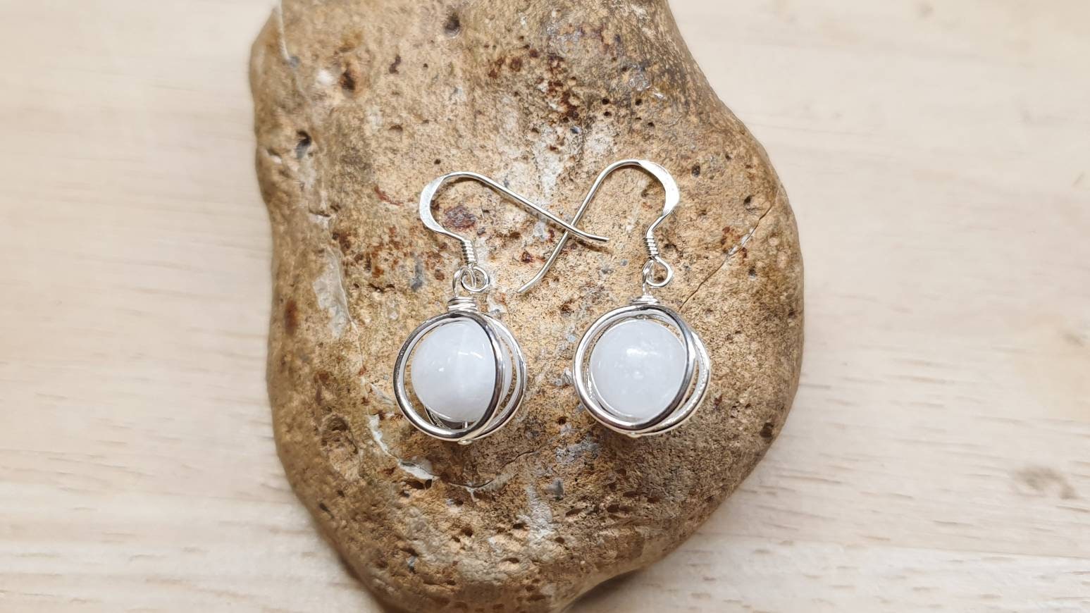 Rare Celestite Circle Earrings.  Reiki Jewelry Uk. Drop Earrings. Sterling Silver Bead Dangle Drop Earrings.