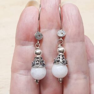 Rare Celestite cone earrings.  Reiki jewelry uk. Drop earrings. Bali silver bead dangle drop earrings.