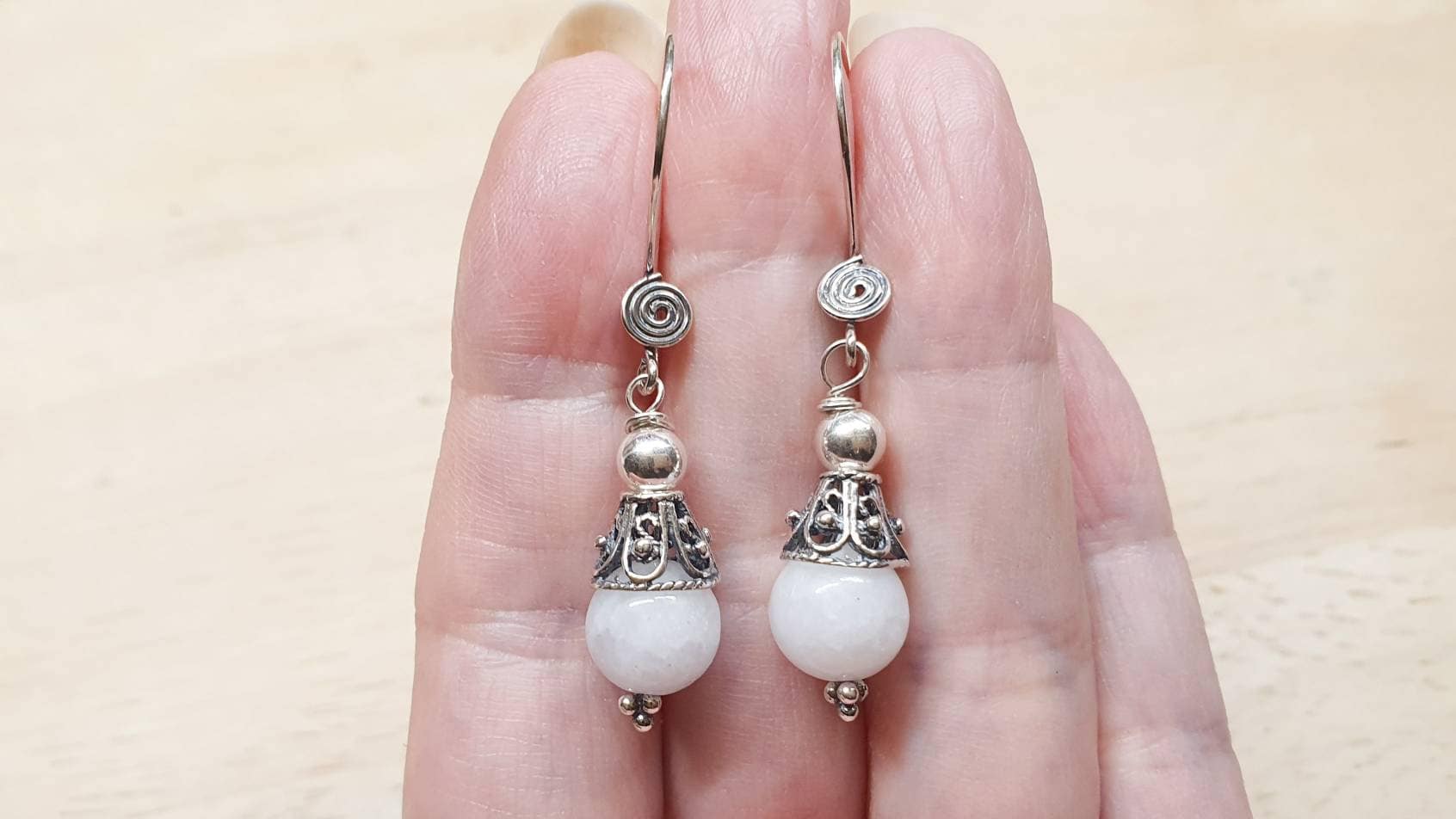 Rare Celestite Cone Earrings.  Reiki Jewelry Uk. Drop Earrings. Bali Silver Bead Dangle Drop Earrings.